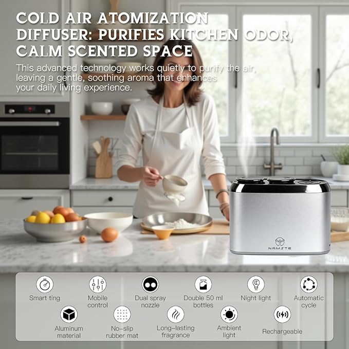 Waterless Essential Oil Diffuser Upgrade 50ml x 2 Types Scent Diffusers, Portable Wireless Aroma Air Machine, Smart App & Button Control Fragrance for Large Room, Bathroom, Office, Camping