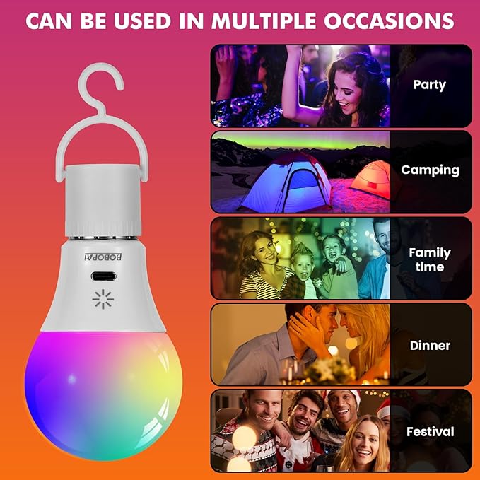 LED Rechargeable Light Bulbs With Remote ＆ Touch Dimmable, E26 Battery Operated Light Bulb for Lamps, RGB 12 Colors, 2600mAh USB battery backup Light Bulb With Timer, A19 Small Light Bulbs 1 Pack