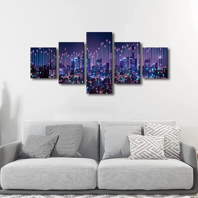 Canvas Wall Art Energy Digitalization Picture Printing Modern City Landscape Poster 5 Panel Home Decoration Artwork Big Data Worker Office Bedroom Decor Frame and Stretched Ready to Hang 50x24 Inch
