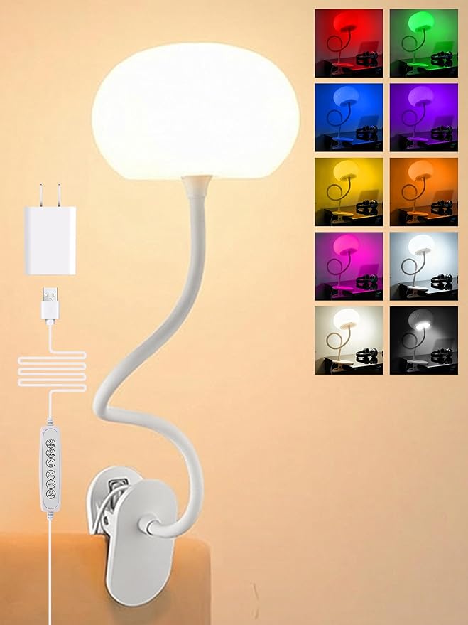 Clip on Light, 10 RGB Colors & Warm White Desk Lamp with Clamp, 10 Brightness Reading Light, Night Lamp, Bedside Lamps, USB Adapter Clip on Lamp for Bedroom/Headboard/Bed/Bedside