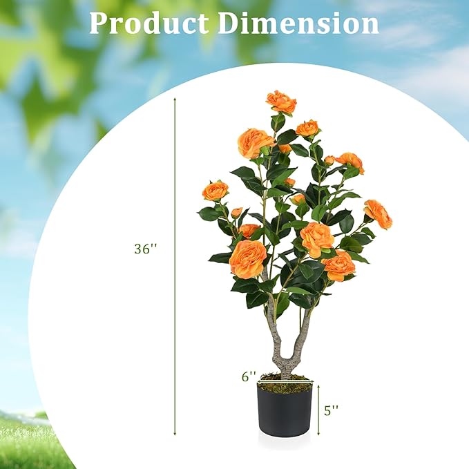 GOFLAME 3FT Artificial Camellia Tree, Faux Camellia Plant with Orange Flowers, Solid Wood Trunk, Realistic Moss, Greenery Potted Decoration Tree for Indoor Outdoor Home Porch Front Door