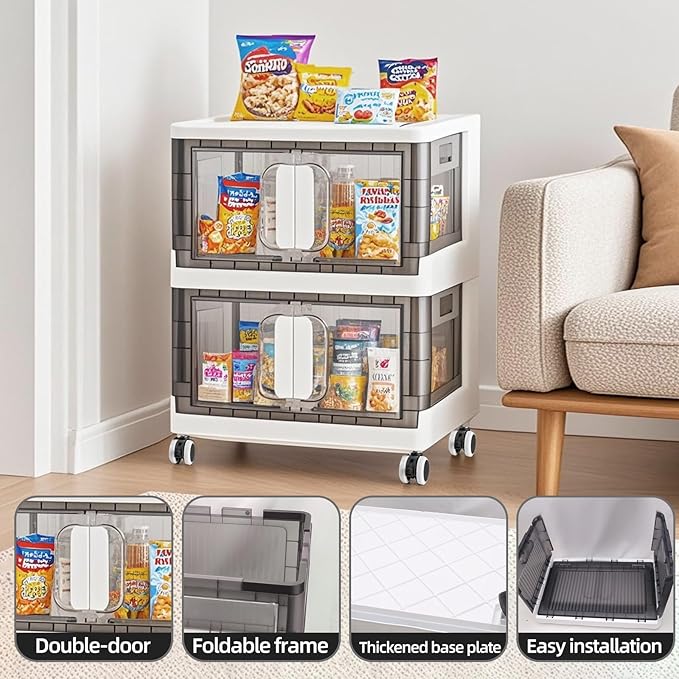 Folding Storage Organizer with Silent casters | Stackable Design for Home & Office, Heavy-Duty Plastic Storage Bin with Clear Door, 3 Sizes (19.5/23.5/27.5in),Black/White (23.6" 5 layer, White)