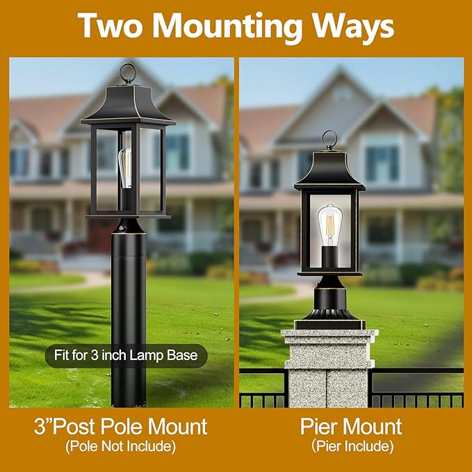 Dusk to Dawn Outdoor Post Light, 19.29″ Matte Black Lamp Post Light Fixture with Pier Mount Base, Hardwired Waterproof Aluminum Pole Light for Garden Yard Patio Driveway,2-Pack