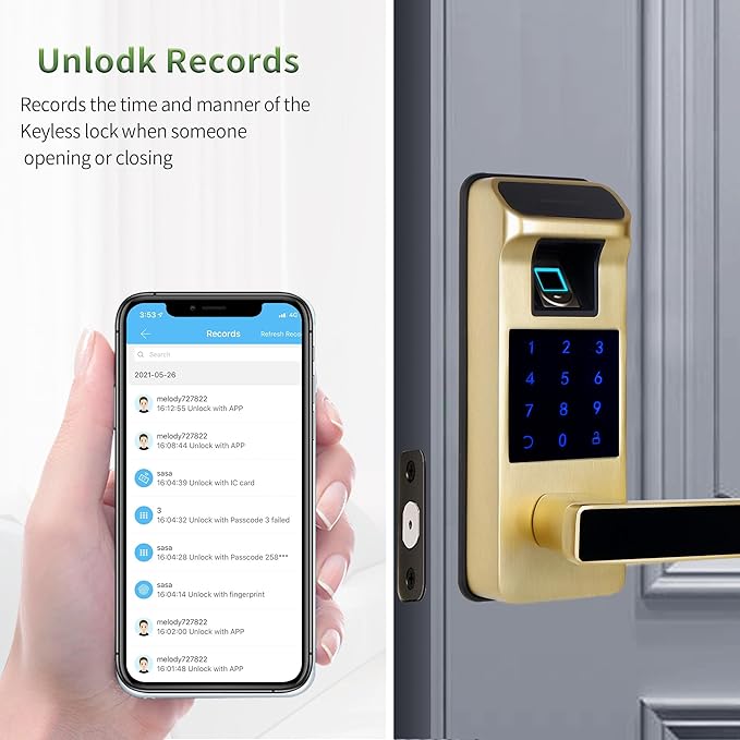 Harfo Smart Door Lock, Heavy Duty 5 in 1 Keyless Entry Door Lock, Full App Control Digital Keypad Lock, Reversible Handle with Fingerprints and Passcodes for Family/Office/Apartment (Gold)