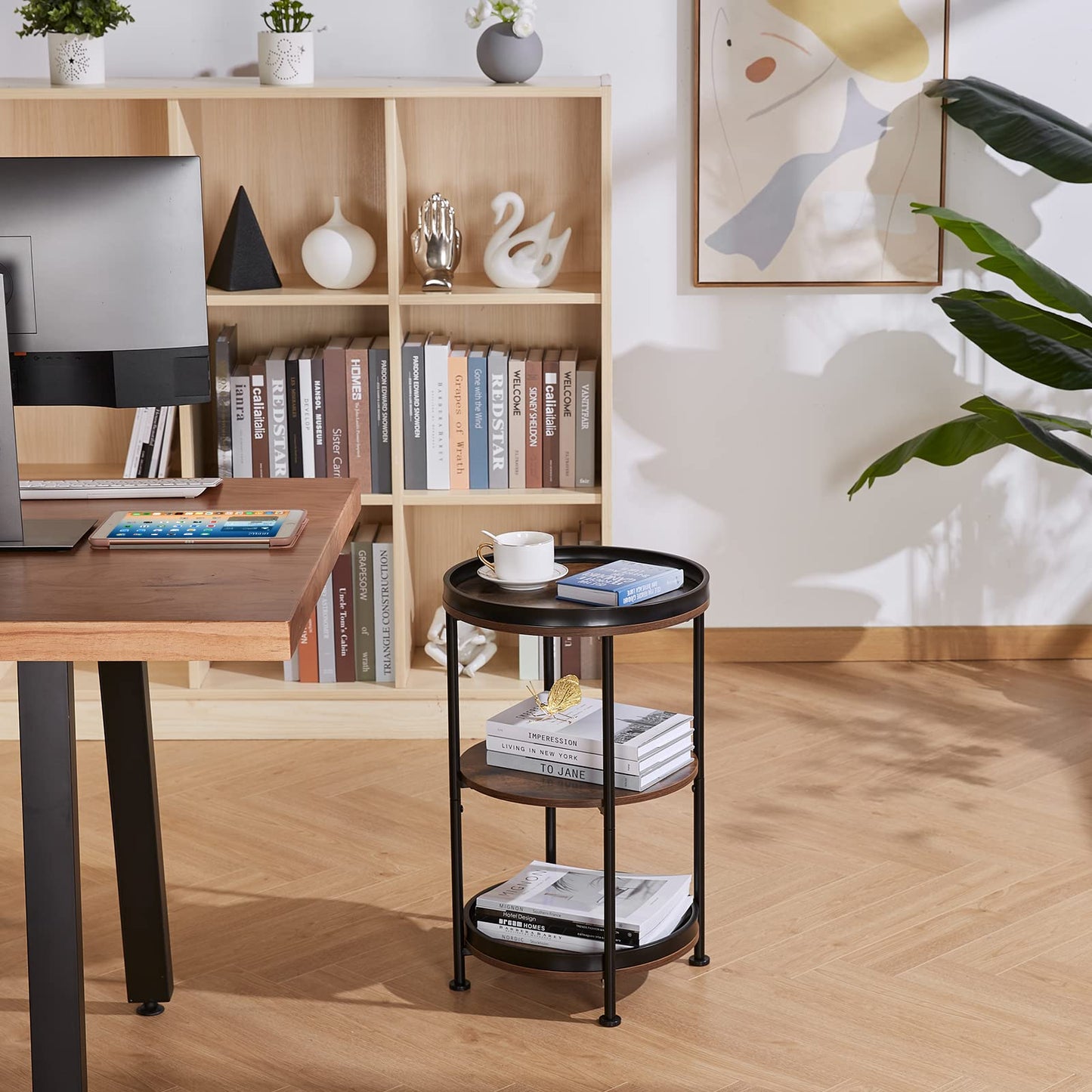 YEAKOO Industrial Nordic End Table, 3-Tier Round Side Table with Storage Shelf Edge Protection Tray, Sturdy Metal Frame Coffee Table Bedside Table for Living Room Bedroom Small Spaces/Rustic Brown