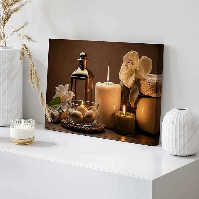 wall26 Canvas Print Wall Art Spa Candle White Amaryllis Flower Nature Wilderness Photography Realism Modern Art Decorative Multicolor Rustic Minimal Relax/Calm/Cozy Colorful for Bedroom - 24"x36"