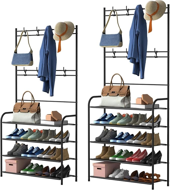 iMounTEK Coat Hat Rack Shoe Storage Shelf Rack Freestanding Hall Tree Garment Hanger Stand Clothes Organizer/4 Tier