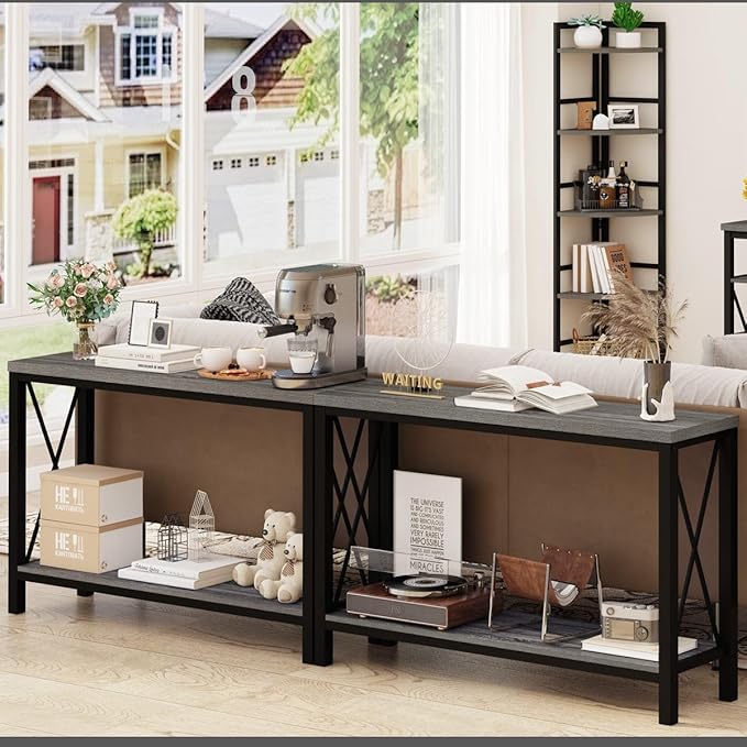 BON AUGURE Console Tables for Living Room, Industrial Couch Table Behind Sofa, Wood Metal Entryway Tables for Hallway, Entry Way Table for Foyer, Entrance, Front Door (Dark Grey Oak, 47 Inch)