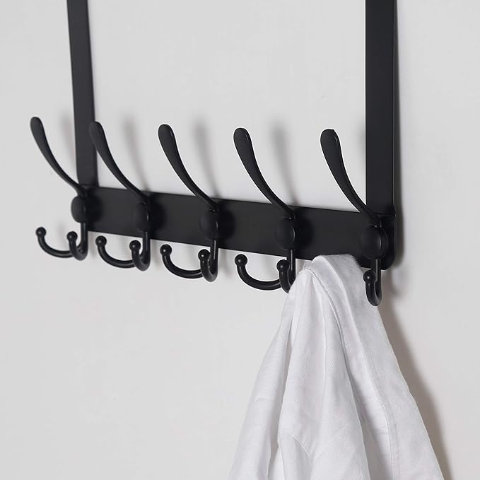 Dseap Over The Door Hook Hanger - Fits 1 3/8" to 1 3/4" Standard Doors | 5 Tri Hooks Heavy Duty Towel/Coat Rack | Door Organizer for Clothes, Jackets, Hats, Towels, Black, Pack of 2