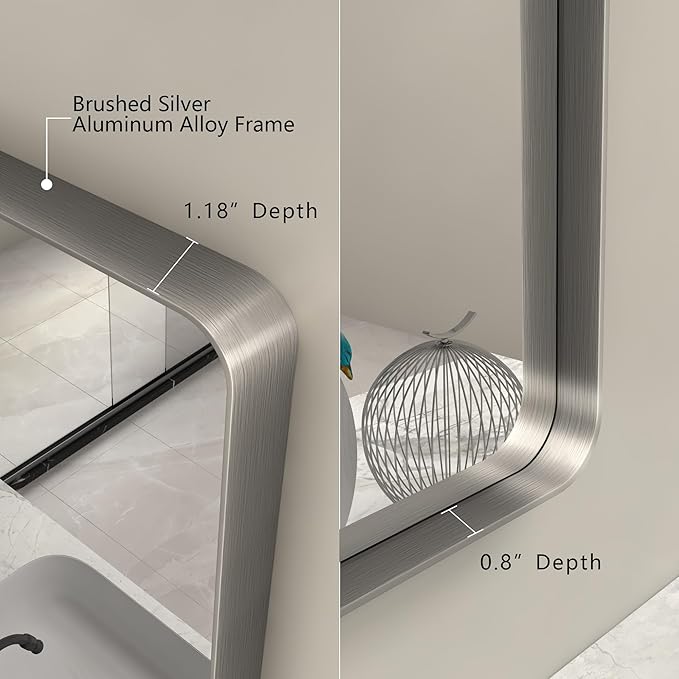 44x36 Silver Brushed Nickel Bathroom Mirror for Wall, Rounded Rectangle Silver Framed Bathroom Vanity Mirror, Anti-Rust, Shatterproof, Hangs Horizontally or Vertically