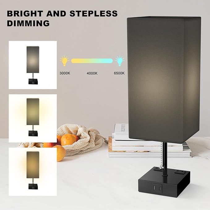 Table Lamp for Bedroom with USB,Bedside Lamp with USB C+A Charging Ports,Adjustable 3color LED Light for Home Decor/Nightstand/Office,Included Bulb and Fabric Lamp Shade (Linen Black, 1PCS)