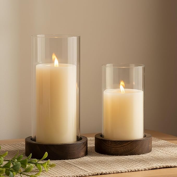 Set of 2 Hurricane Candle Holders with Wood Base & Glass Cylinder (4.2x5.9” & 4.6x7.8”) – Rustic Wooden Candle Holders for Home Decor, Weddings, Table Centerpieces