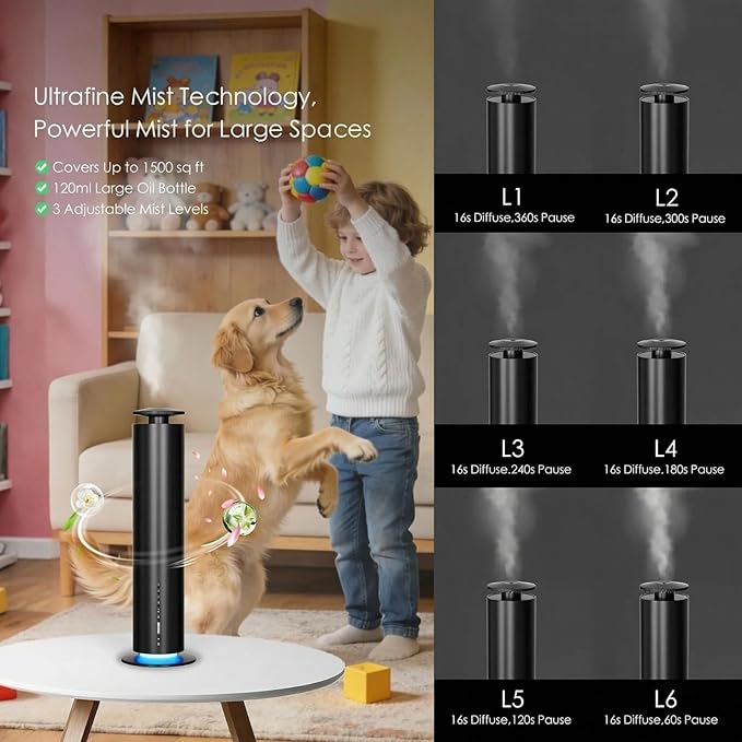 Waterless Essential Oil Diffuser, Long Lasting Aromatherapy Scent Diffuser for Home with Light Mode, 1500 Sq. Ft Coverage Quiet Oil Diffusers for Bedroom Safe for Kids&Pets, Black