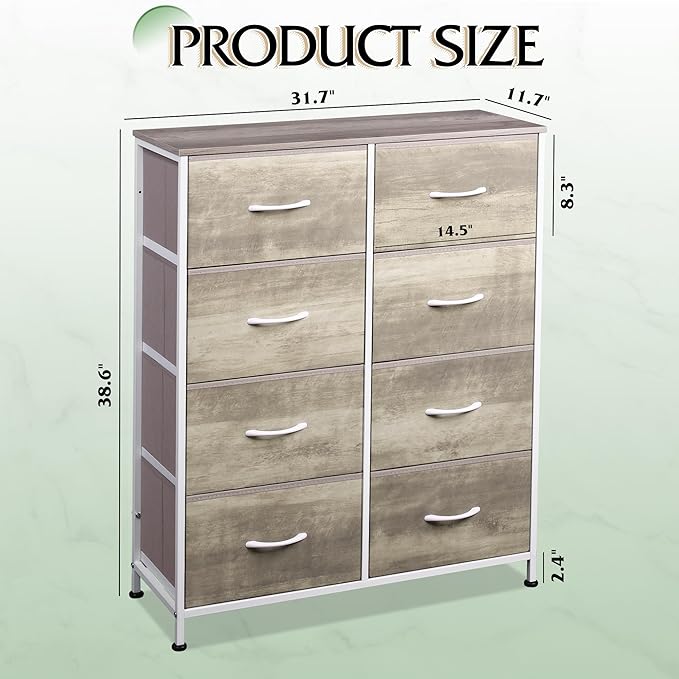WLIVE Fabric Dresser for Bedroom, Tall Dresser with 8 Drawers, Storage Tower with Fabric Bins, Double Dressers, Chest of Drawers for Closet, Living Room, Hallway, Greige