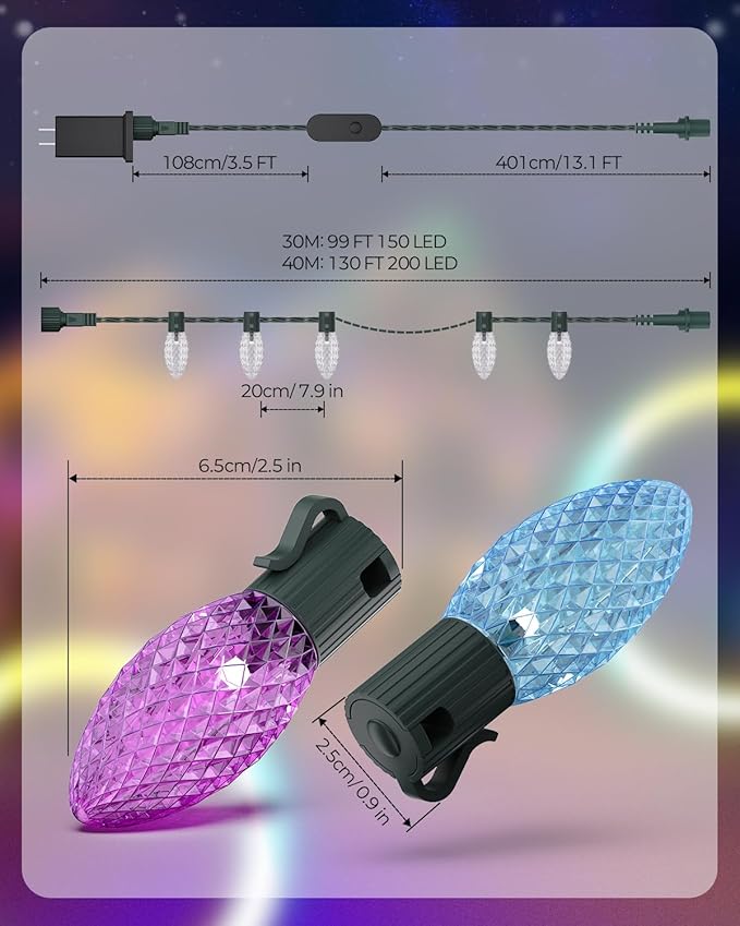 YAYZA! Smart C9 Christmas Lights Outdoor, 200 LED 130 FT RGB C9 String Lights with APP & Remote Control, 105 Modes, Music Sync, Connectable Waterproof Christmas Lights for Roofline Patio Xmas Decor