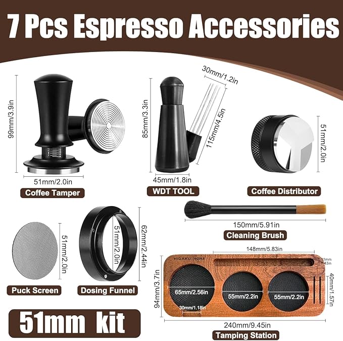 7 PCS Espresso Accessories Kit, Espresso Tamping Station, Coffee Tamper, Coffee Distributor, WDT Tool, Puck Screen, Dosing Funnel, Cleaning Brush, Barista Tools Set (51mm)
