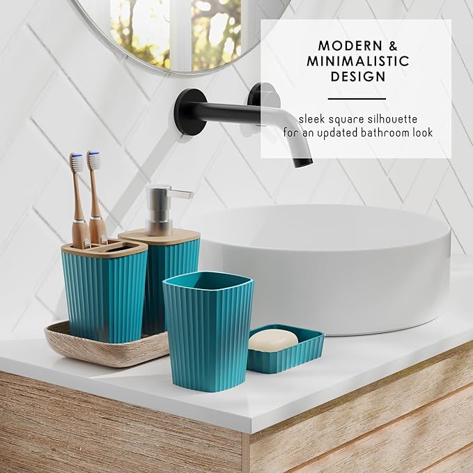 Clara Clark Bathroom Set - Teal Bathroom Accessories Set, 6PC Bathroom Accessory Set, Bathroom Sets with Adhesive Corner Shower Caddy Hanging, Toilet Brush, Trash Can & Soap Dispenser