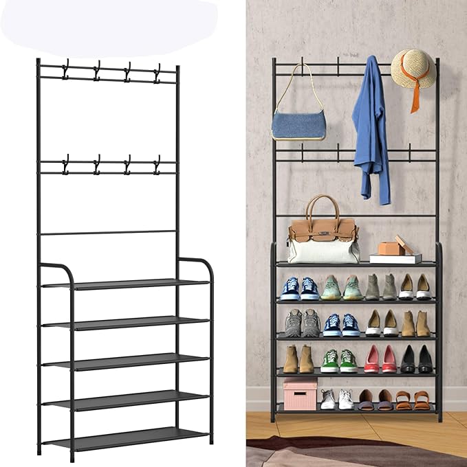 iMounTEK Coat Hat Rack Shoe Storage Shelf 5 Tier Entryway Coat Hat Rack Shoe Rack Freestanding Hall Tree Garment Hanger Stand Clothes Shoe Organizer for Home,living room, office, bedroom