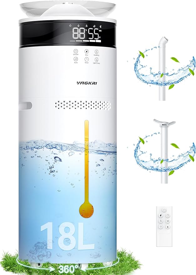 VAGKRI Humidifiers for Large Room, 18L Ultrasonic Cool Mist Humidifier for Home 2000 sq ft, 5 Mist Levels, Auto Mode, Whole House Humidifiers with 2 Extended Tube Quiet Humidifiers for Baby Home Plant