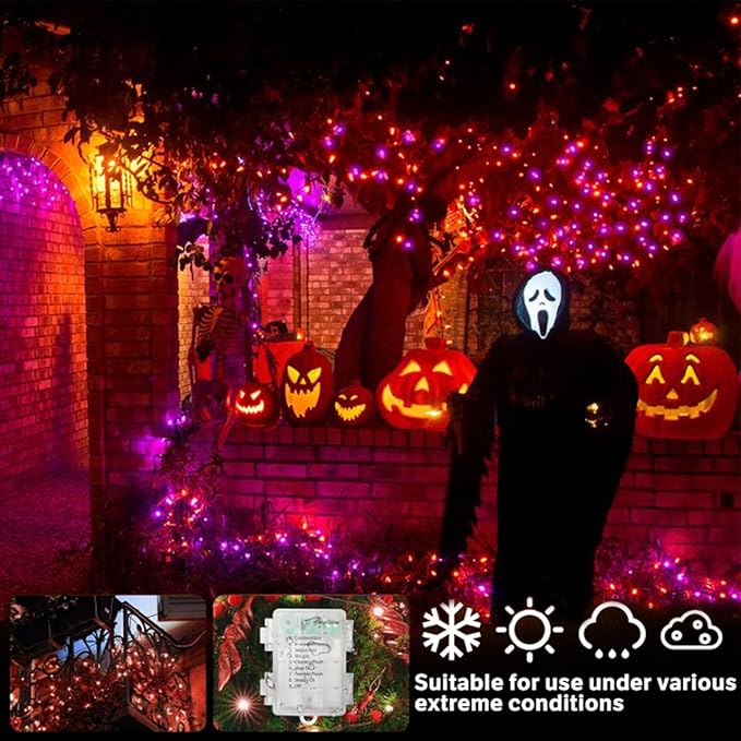 33Ft 100 LED String Lights, Orange & Purple Fairy Lights Battery Operated with Remote, Waterproof Twinkle Lights for Home Party Ghost Haunted House Indoor Outdoor Halloween Decorations