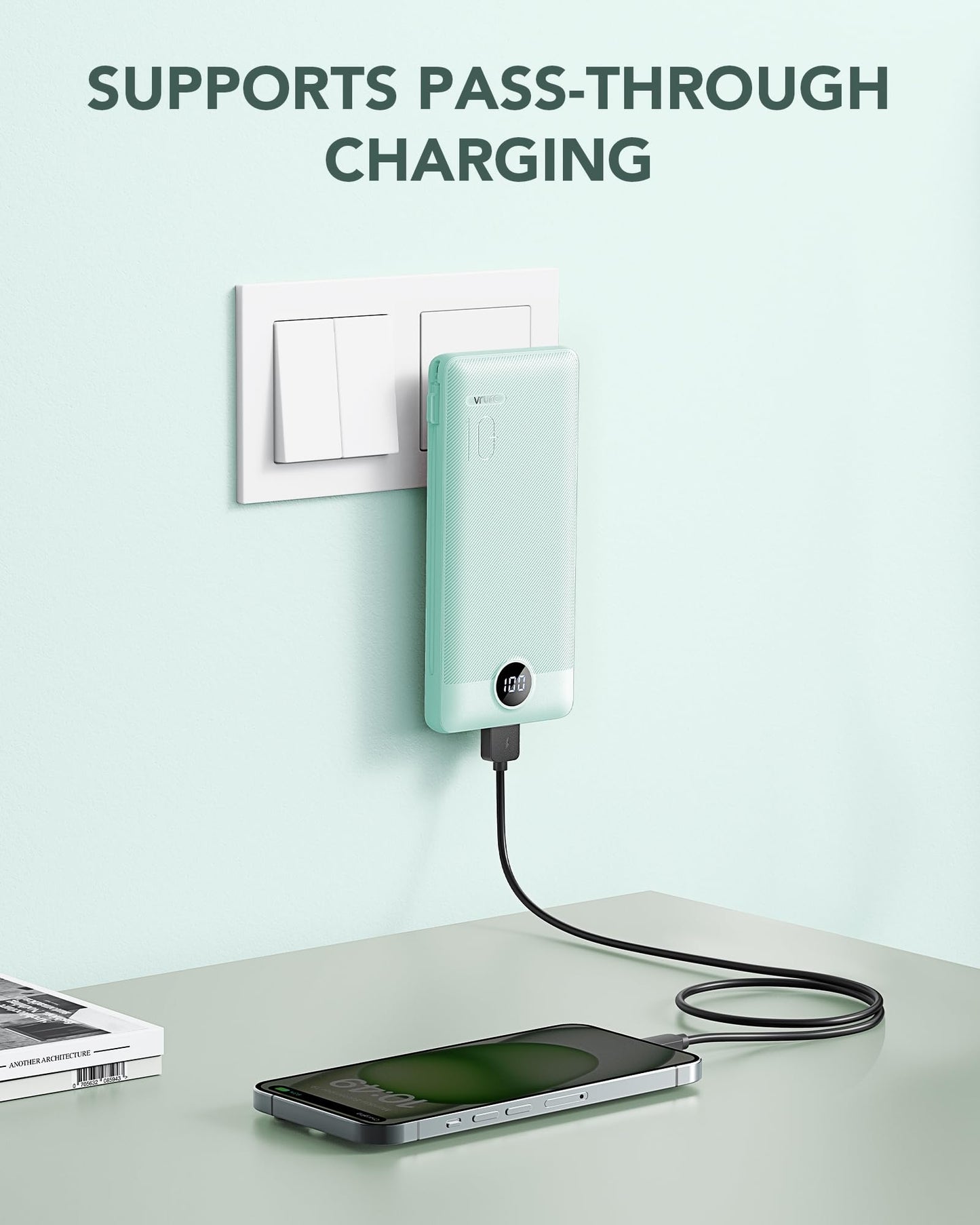 VRURC Portable Charger Built-in Cables and AC Wall Plug, USB C Power Bank 10000mAh, Travel Battery Portable Phone Charger Compact Lightweight External Battery Pack for Smart Phones, Tablets etc-Green