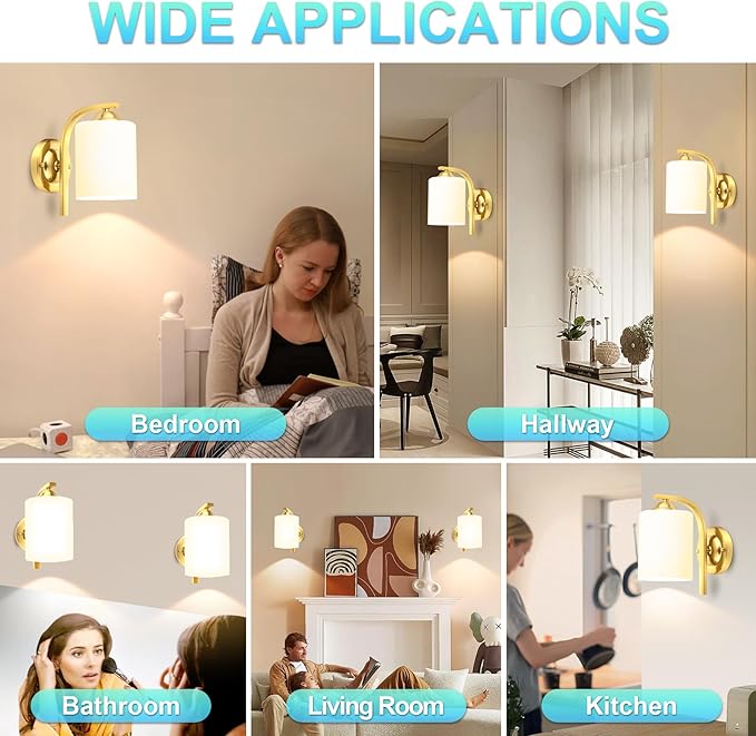 CANMEIJIA Gold Wall Light Fixtures, Wall Sconce 1 Light, Gold Wall Lamp Bathroom Vanity Lightting for Mirror Bedroom Hallway Kitchen Porch, Milky White Glass Shades, E26 Socket, Bulbs Not Included
