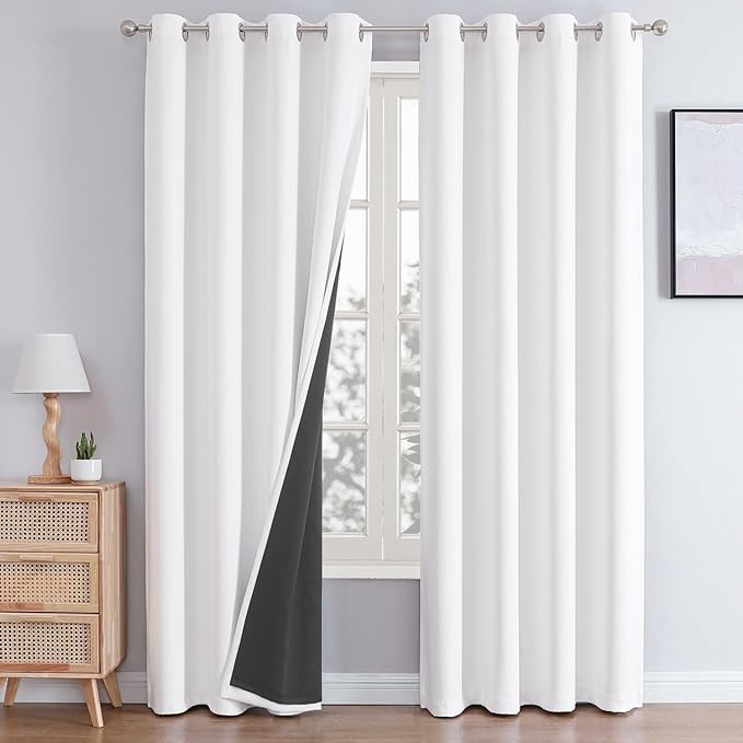ChrisDowa White 100% Blackout Curtains for Bedroom with Black Liner, 2 Thick Layers Total Blackout Thermal Insulated Grommet Long Window Curtains 2 Panels Set (Pure White, 52 x 95 Inch)