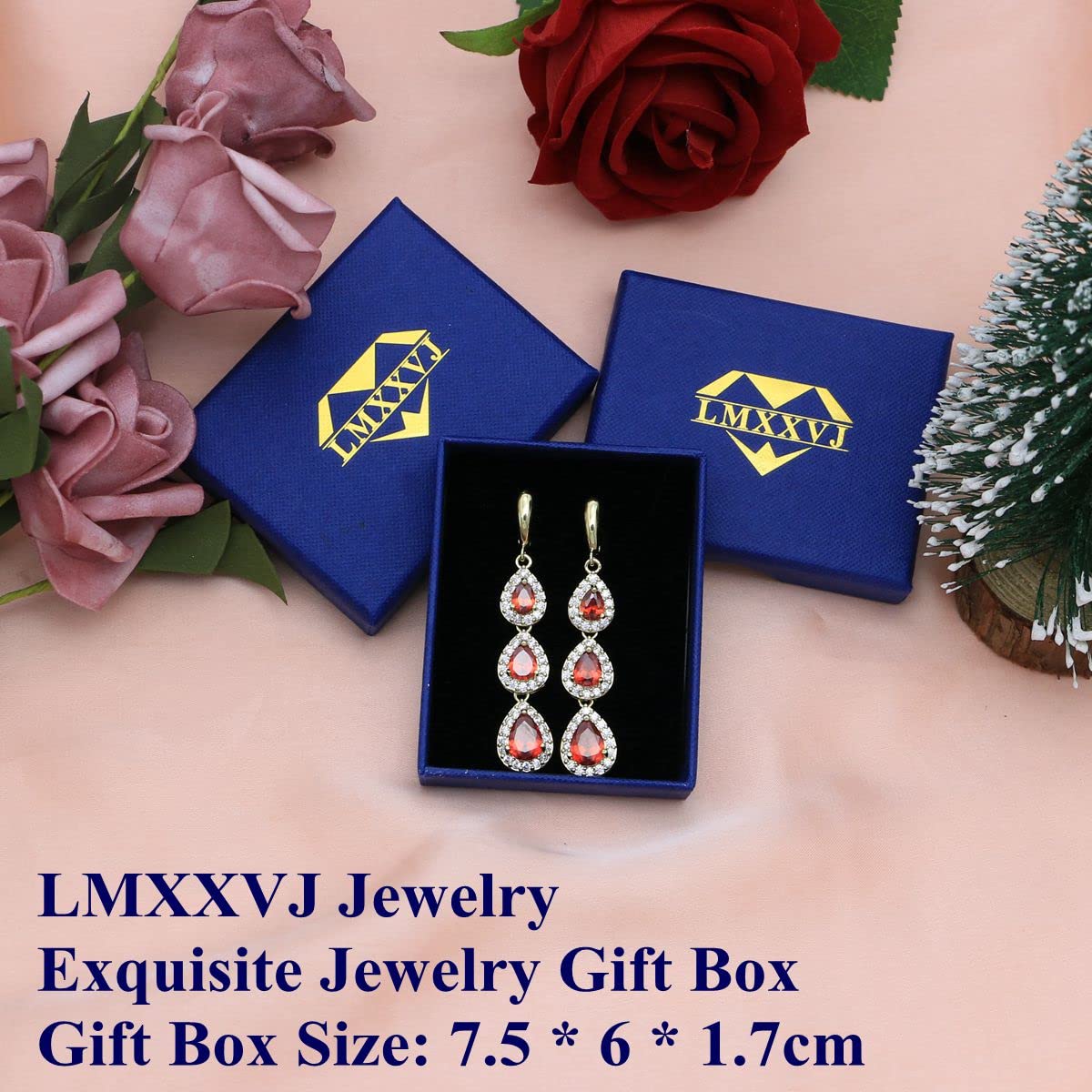 LMXXVJ Created Red Garnet Earring for Women,18K Gold Plated Long Earrings Birthday Anniversary Mother’s Day Valentine's Day Luxury Gift