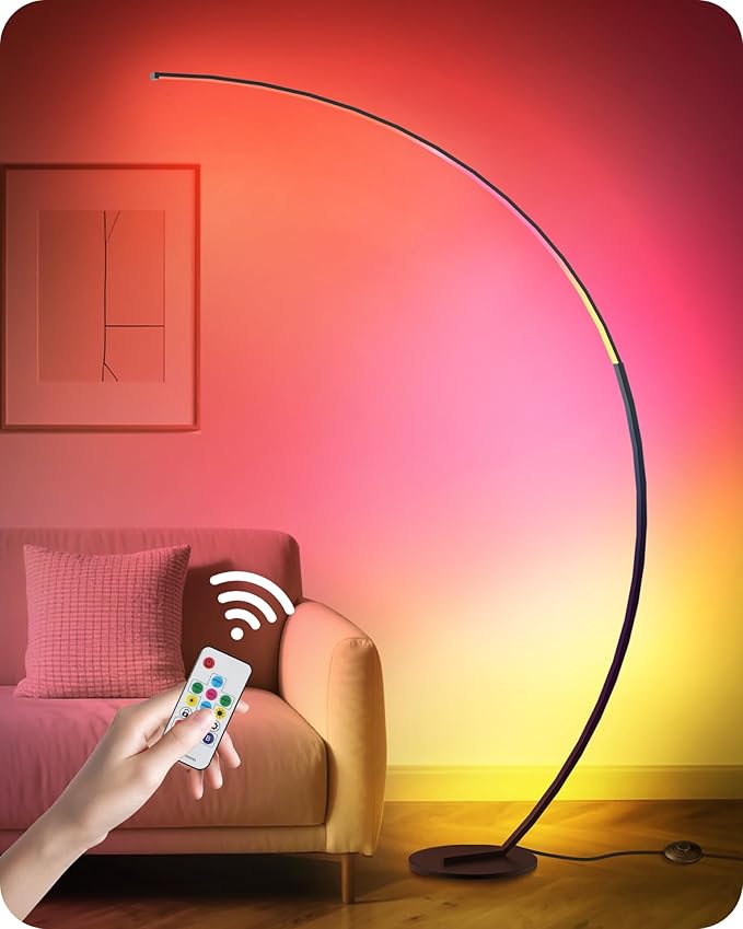 RGBW Floor Lamp, 75” Standing Tall Lamp, Dimmable Arc Floor Lamp for Living Room with Foot and Remote Control, 18 DIY Colors, 3000K-6000K White, LED Corner Lamp, Color Changing Ambient Light RB62LD05
