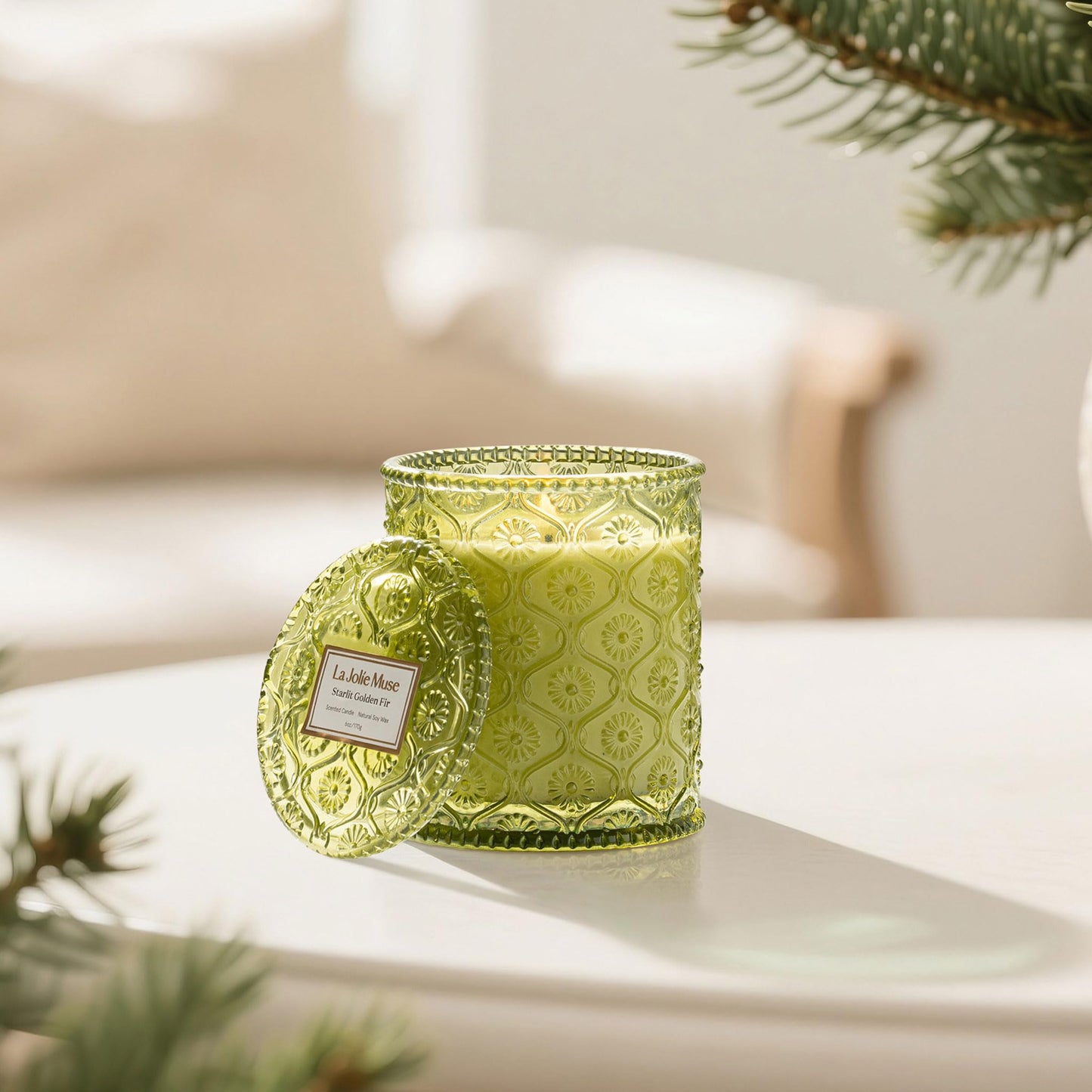 LA JOLIE MUSE Starlit Golden Fir Scented Candle, Winter Candle Gifts, Fir & Cedarwood Candle, Holiday Candles for Home Scented, Natural Soy Wax Candle, 6 oz 40 Hours Burn
