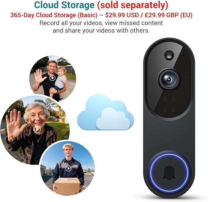 1080p Smart Video Doorbell Camera Wireless, Doorbell Receiver Included, Live View, AI Human Detection, 2.4G WiFi, Night Vision, Cloud Storage, Battery Powered, Indoor Outdoor Surveillance