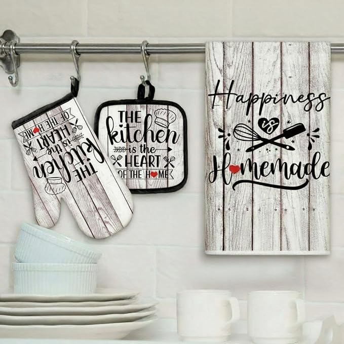 Sratte 6 Pcs Kitchen Decor Accessories Set Farmhouse Towels Pot Holders Oven Mitts Set 2 Dish Towels 2 Potholders 2 Cooking Mittens Oven Glove for Christmas Baking Cooking(White Wood Grain)