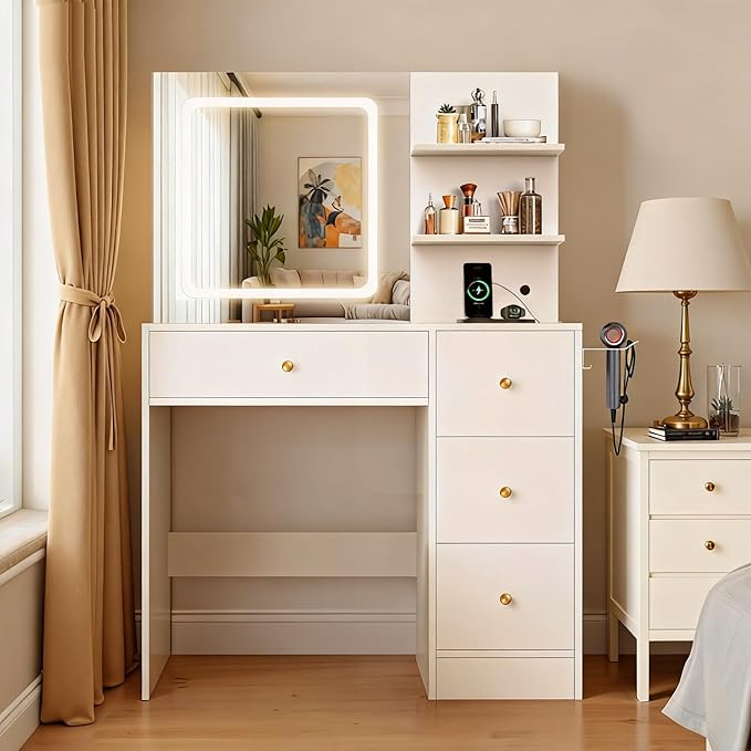 Makeup Vanity Desk with Mirror and LED Lights, White Vanity Table with Charging Station, 3 Open Storage Shelves & 4 Drawers, Dressing Table with 3 Color Modes & Adjustable Brightness for Bedroom