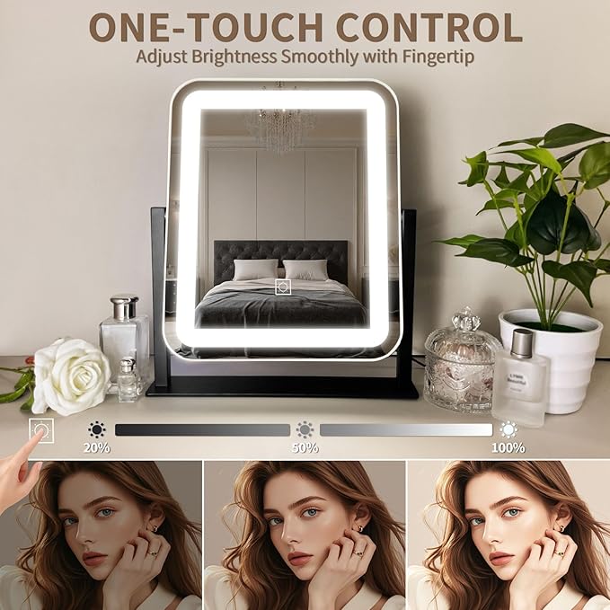 HNV Vanity Mirror with Lights - 15"x13" LED Lighted Makeup Mirror, Dimmable Touch Screen with 3-Color Lighting, 360° Rotation, Black Aluminum Frame for Vanity Desk, Bedroom, Tabletop