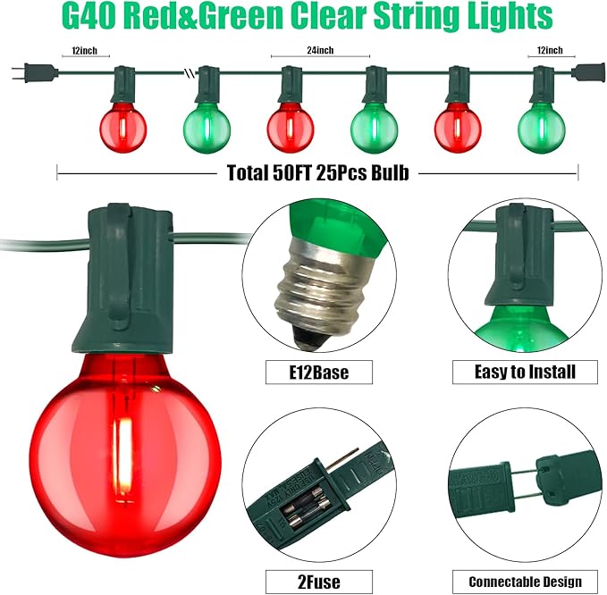 Abeja 50FT Multicolor Christma Lights Outdoor, Red/Green Christmas Lights with 25 LED Colorful Bulbs(2 Spare), Outside Christmas Hanging Light for Tree Roofline Holiday Party