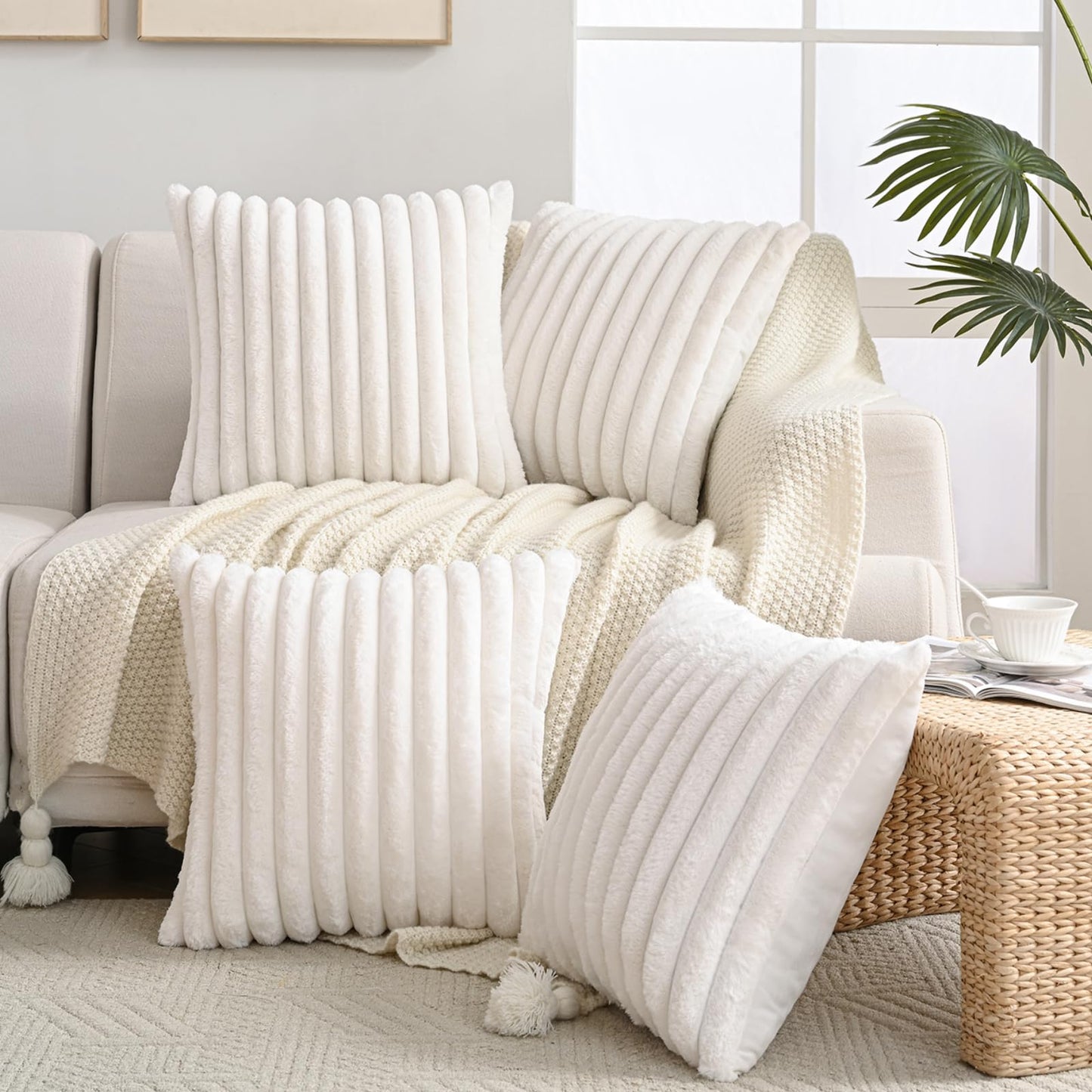Volcanics Set of 4 Faux Fur Plush Decorative Throw Pillow Covers 20x20 Inch, Luxury Striped Cushion Cases Soft Fluffy Accent Pillowcases for Sofa, Couch and Bed, Cream White