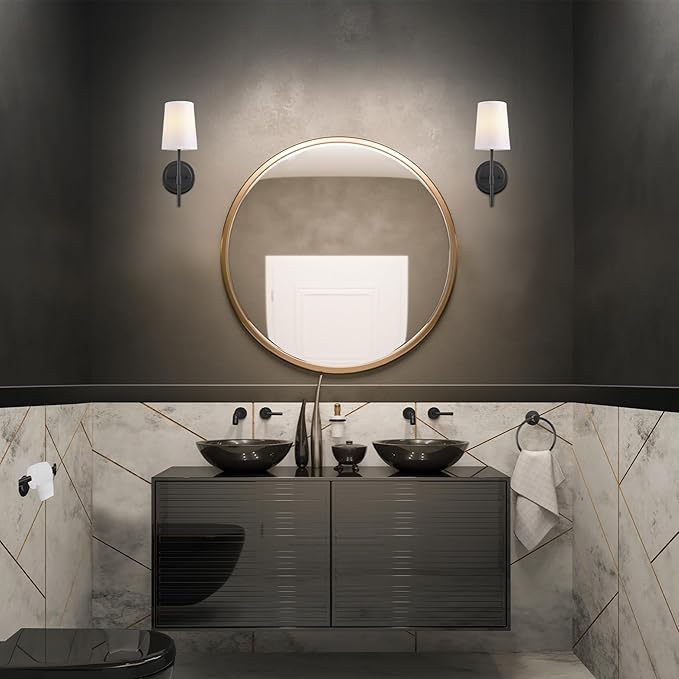 Globe Electric 51859 1-Light Wall Sconce, Matte Black, White Fabric Shade, Wall Lighting, Wall Lamp Dimmable, Wall Lights for Bedroom, Kitchen Sconces Wall Lighting, Home Décor, Bulb Not Included