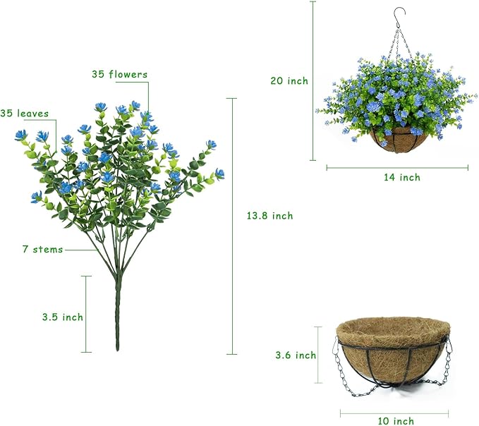 Artificial Hanging Flowers Basket, 12 UV-Resistant Bundles of Realistic Fake Flowers, Faux Plants for Outdoor Decor, Home, Garden, Porch, Patio, Spring & Summer Decorations, Blue