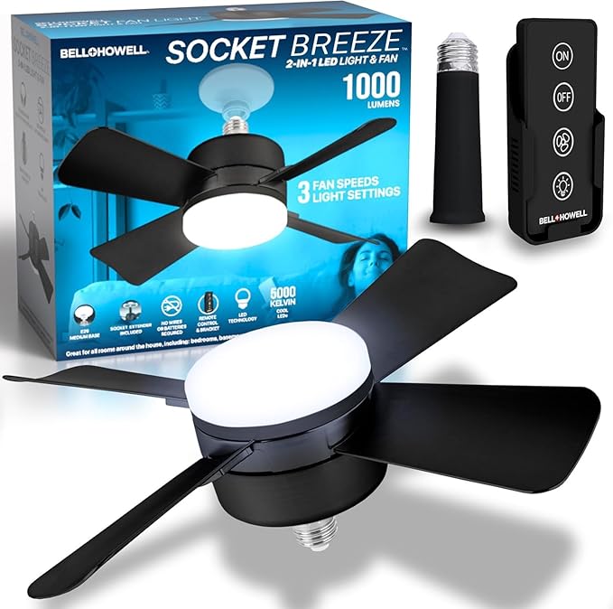 Bell+Howell Socket Breeze Deluxe, Small Ceiling Fan with LED Light and Remote, Adjustable Speeds and Brightness, Light Socket Fan for Bedroom, Kitchen, Living Room, 1000 Lumens