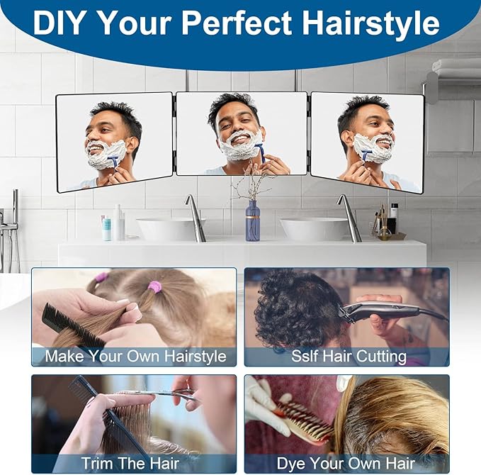 3 Way Mirror for Self Hair Cutting,360 Haircuts Men for Barber Use Tools,to See Back of Head,Tri Fold Mirror with Portable Height Adjustable Telescoping Hooks (6.7" x 10.8")