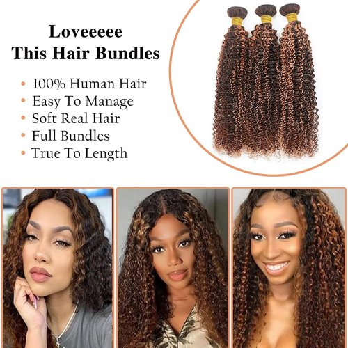 Giginger Jerry Curly Human Hair Bundles 14 16 18 Inch Brazilian Chocolate Brown Highlight P4/30 Jerry Curly Bundles Human Hair 100% Unprocessed Raw Quick Weave Hair for Black Women