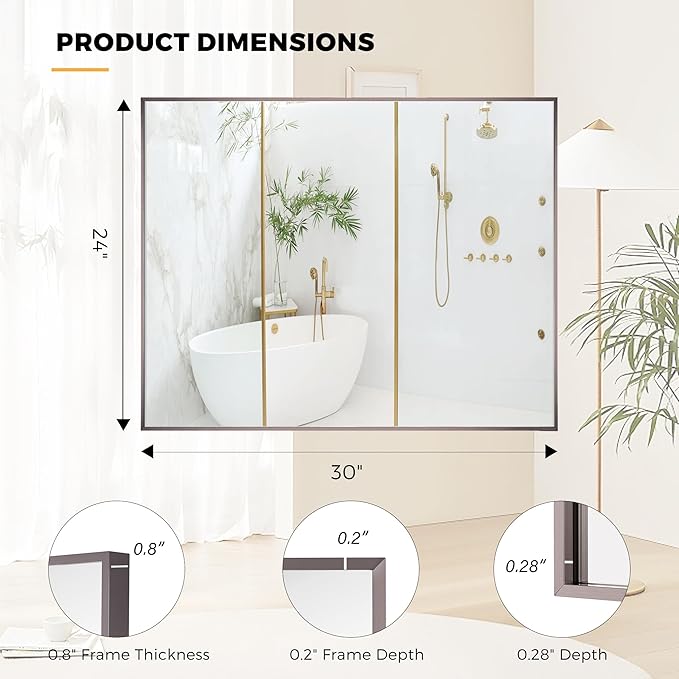 24x30 Inch Pewter Bathroom Mirror for Wall, Aluminum Frame Rectangle Rectangular Vanity Mirror, Modern Large for Bedroom, Living Room, Horizontal or Vertical