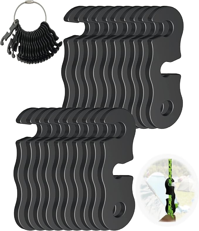 Rope Tensioner Aluminum Alloy Camping Tent Guyline Cord Adjuster Camping of Gear for Camping, Hiking, Backpacking Ultralight Tent Stakes Guy Lines (Black, 20 Pack)