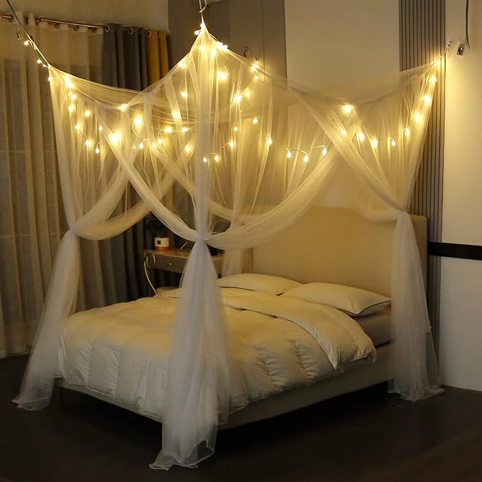 Mengersi Bed Canopy with Lights for Full Queen King Size Bed,4 Corner Post Bed Drapes Canopy for Bed,Canopy Bed Curtains Elegant Bedroom Decoration Accessories(White+Lights)