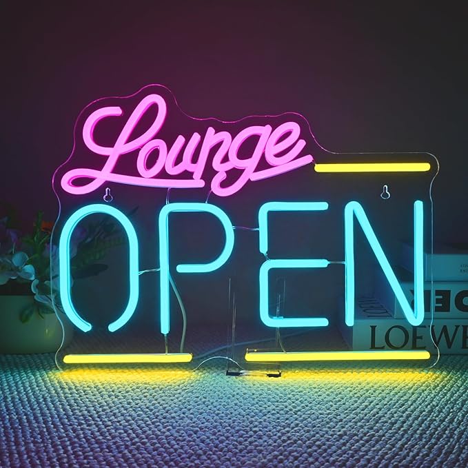 Lounge Open Neon Signs,Bright Led Light, Dimmable, for Business Walls, Shop Coffee, Salon Hotel Store 16.5'' * 12.2'' (USB Powered)