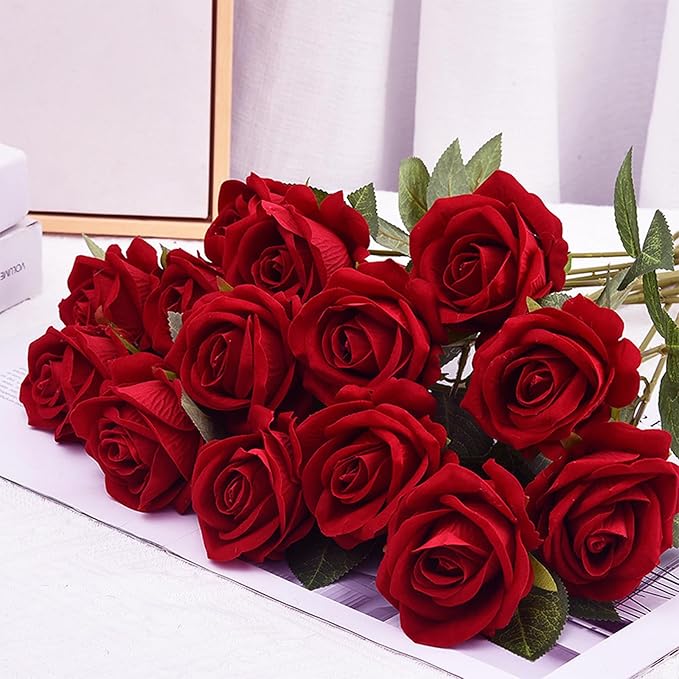 BLEUM CADE 50 Pcs Red Roses Artificial Flowers, Real Touch Velvet Roses Fake Flowers Bulk, Artificial Roses Bouquet with Long Stems Bridal DIY Wedding Party Centerpiece Decorations