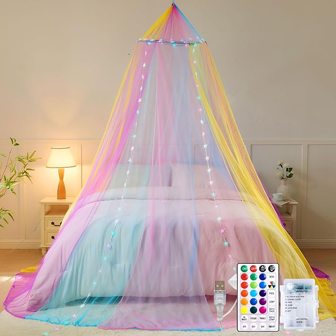 Obrecis Rainbow Bed Canopy for Girls, Princess Canopy Bed Curtains with 24 Colors Star Lights,Twin Bed Canopy Fits Single, Twin, Full, Queen Size Kids Bed
