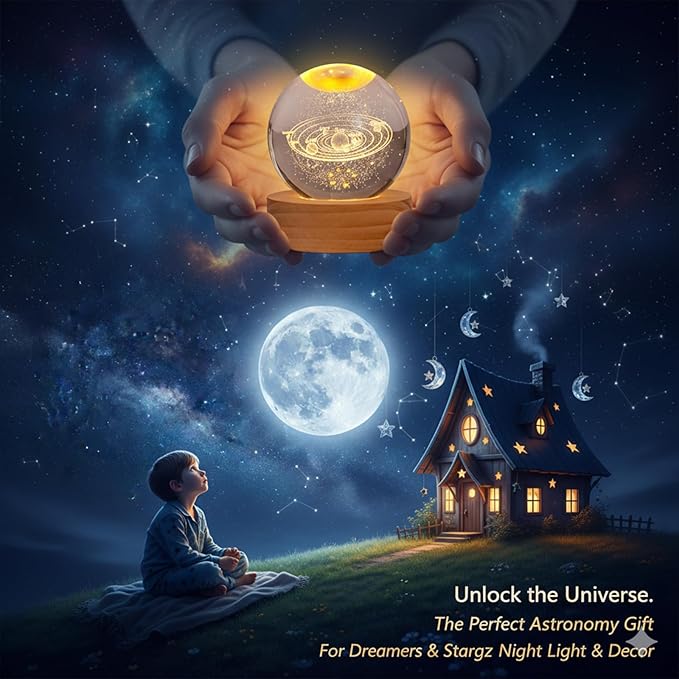 Happyhaves Calming Stellar Spheres Crystal Ball Night Light with Wooden Base, 3D Moon and Galaxy Light, Planet Sphere Calming Light for Bedroom Decor and Astronomy Gifts(Galaxy)