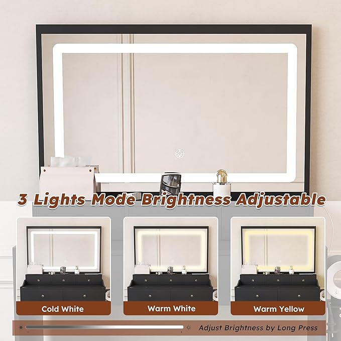 Vanity Desk with Large Mirror and Stool, Makeup Table with LED Lighted - 3 Color Models, Makeup Desk with 5 Drawers & Power Outlet, Dressing Makeup Table for Women Girls Bedroom, Black