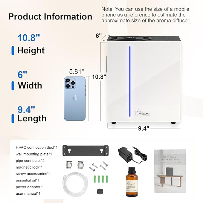 HVAC Diffuser Scent System - 10000 Sq Ft,WiFi & Bluetooth App Remote Control,Waterless,Ambient Light,Metal,Commercial Hotel Collection Whole House Diffuser Machine - White